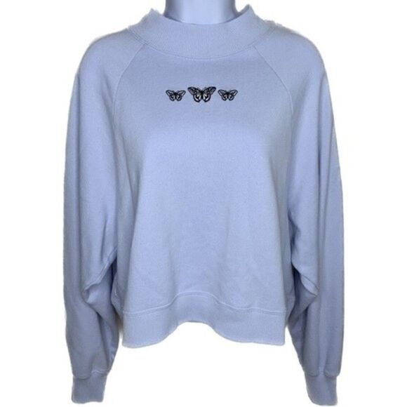 HOLLISTER Crop Crew Neck Sweatshirt With Butterfly Embroidery Light Blue - Picture 1 of 4